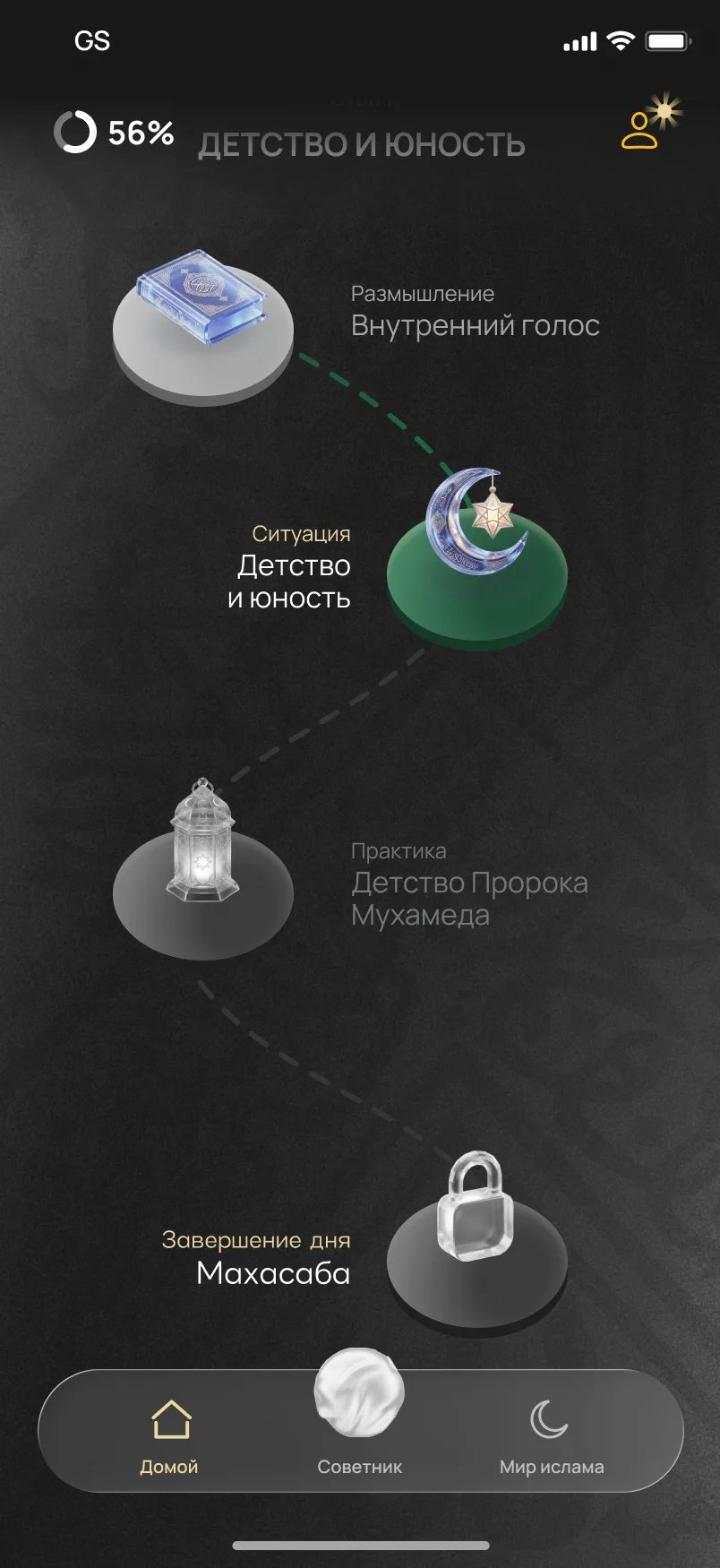 Экран маршрута дня в приложении Dalilun: размышление, ситуация, практика и завершение дня